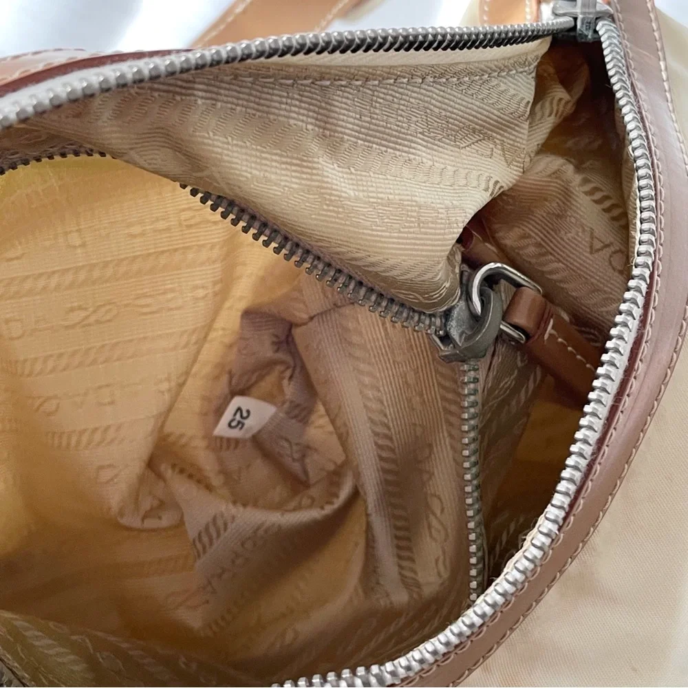 Prada white nylon camel brown leather embossed logo shoulder hobo bag